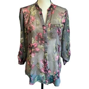 Kut From the Kloth Gray Floral Sheer Button Up Blouse Women's Small